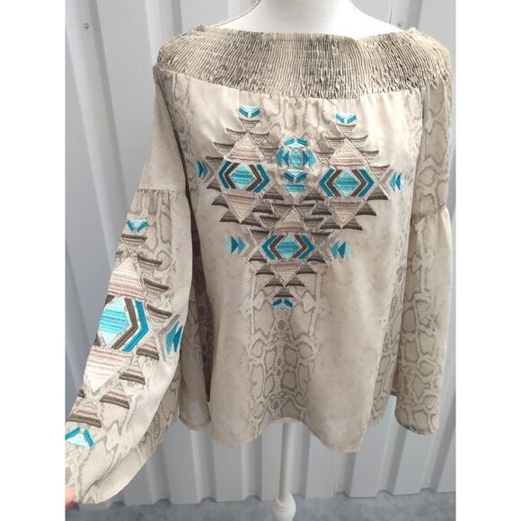 Judith March Blouse Off Shoulder Embroidered Aztec Southwest Small - Picture 1 of 5